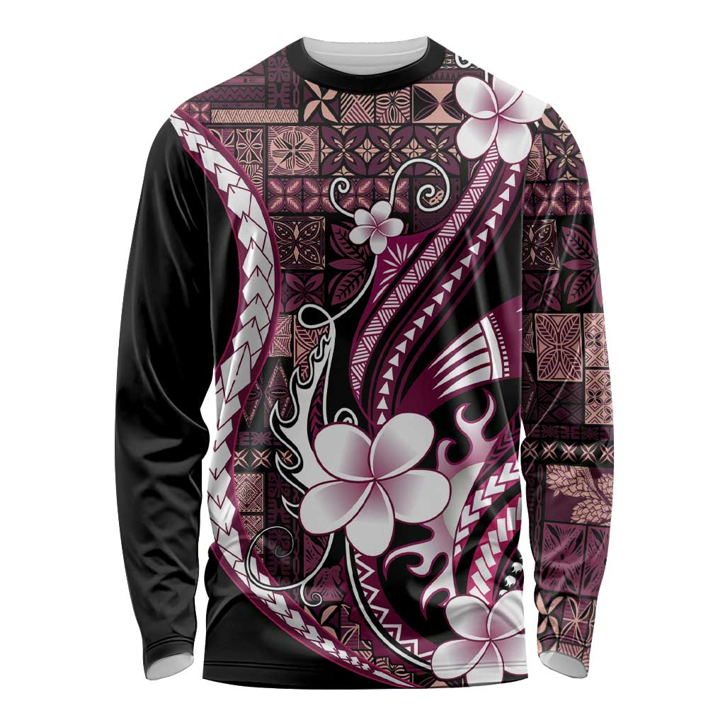 Samoa Siapo Tribal Pattern Long Sleeve Shirt Violet Polynesian Plumeria Tapa Motif
