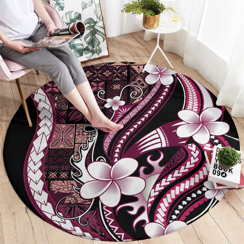 Samoa Siapo Tribal Pattern Round Carpet Violet Polynesian Plumeria Tapa Motif