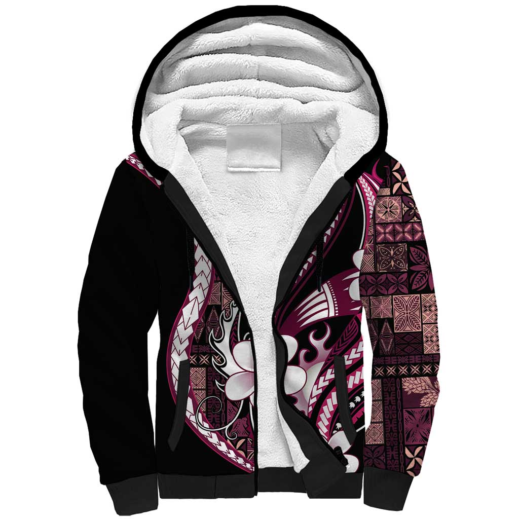 Samoa Siapo Tribal Pattern Sherpa Hoodie Violet Polynesian Plumeria Tapa Motif