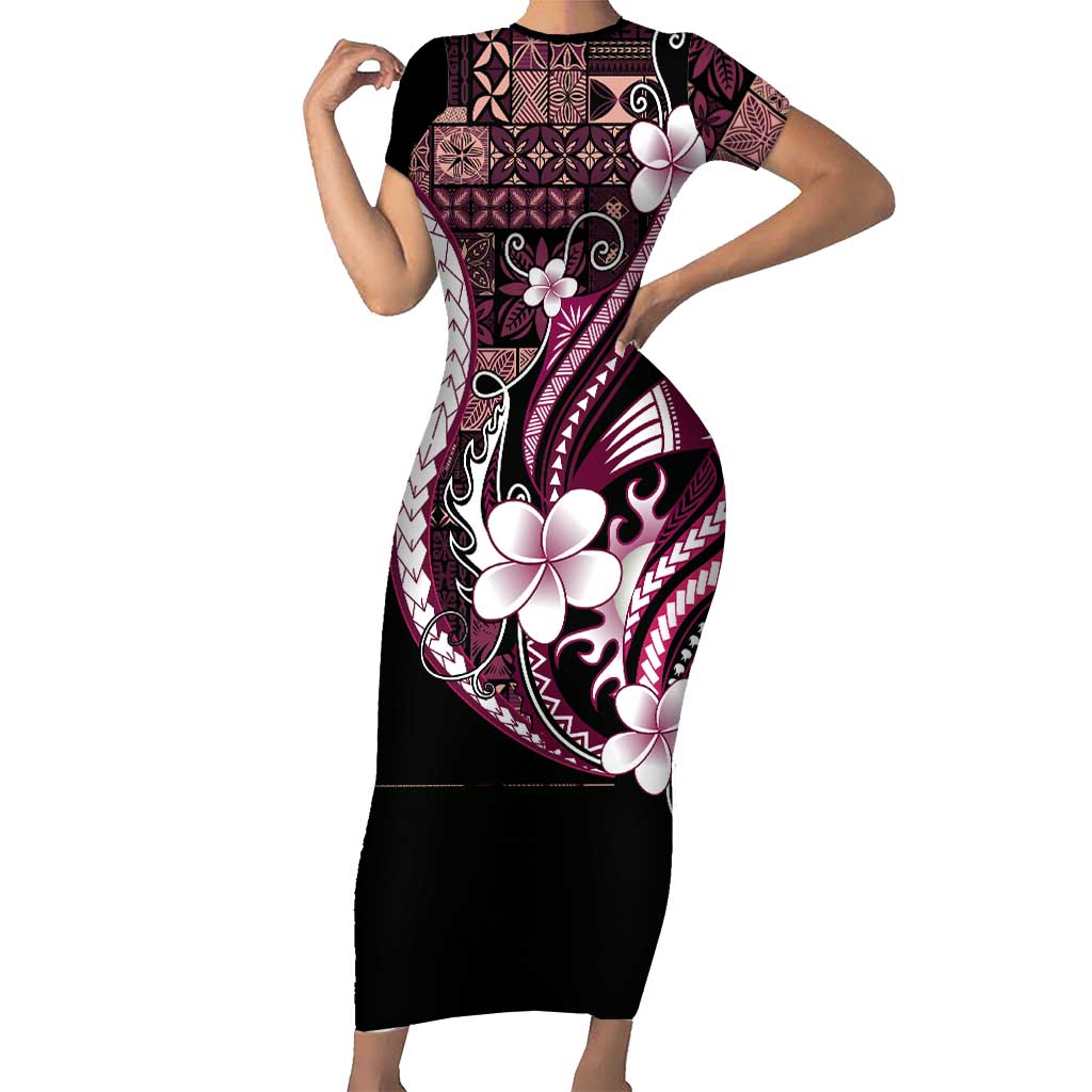 Samoa Siapo Tribal Pattern Short Sleeve Bodycon Dress Violet Polynesian Plumeria Tapa Motif