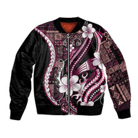 Samoa Siapo Tribal Pattern Sleeve Zip Bomber Jacket Violet Polynesian Plumeria Tapa Motif