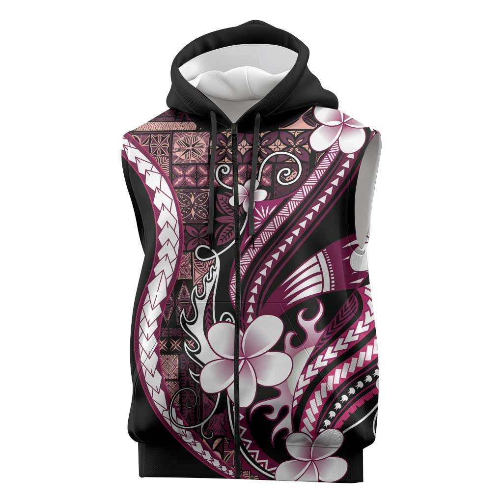 Samoa Siapo Tribal Pattern Sleeveless Zip Hoodie Violet Polynesian Plumeria Tapa Motif