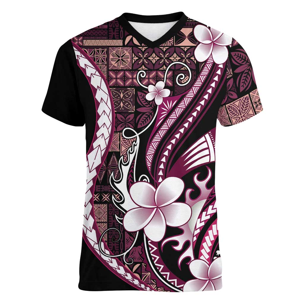 Samoa Siapo Tribal Pattern Women V-Neck T-Shirt Violet Polynesian Plumeria Tapa Motif