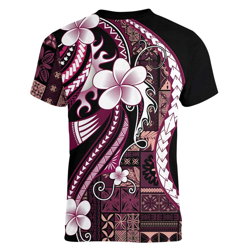Samoa Siapo Tribal Pattern Women V-Neck T-Shirt Violet Polynesian Plumeria Tapa Motif