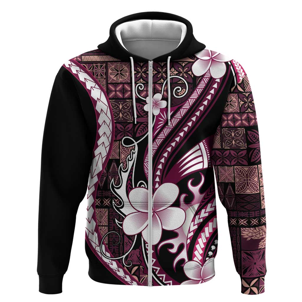 Samoa Siapo Tribal Pattern Zip Hoodie Violet Polynesian Plumeria Tapa Motif