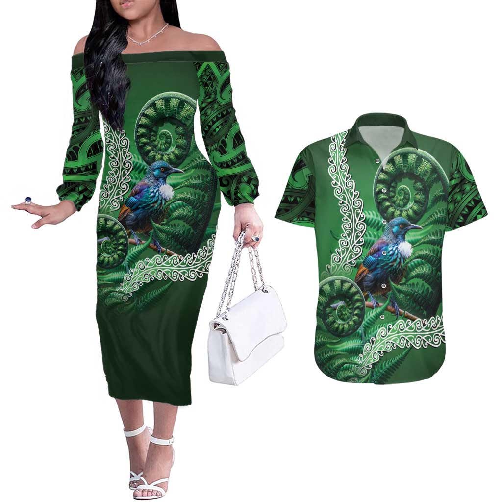 Tui Bird Koru Silver Fern Aotearoa Couples Matching Off The Shoulder Long Sleeve Dress and Hawaiian Shirt LT9 Green - Polynesian Pride