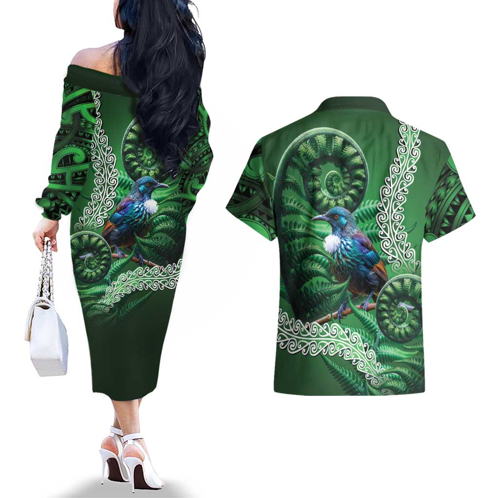 Tui Bird Koru Silver Fern Aotearoa Couples Matching Off The Shoulder Long Sleeve Dress and Hawaiian Shirt LT9 - Polynesian Pride
