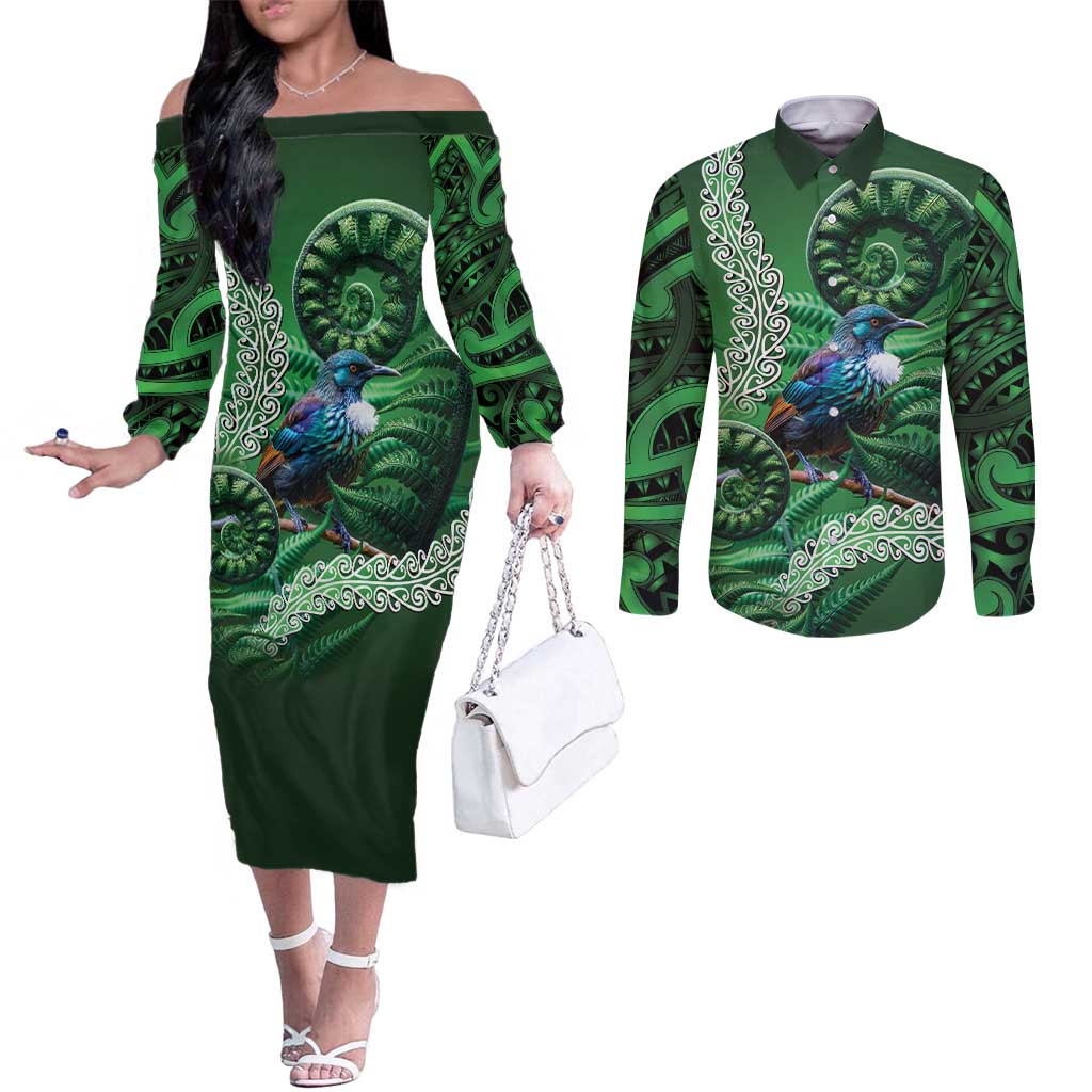Tui Bird Koru Silver Fern Aotearoa Couples Matching Off The Shoulder Long Sleeve Dress and Long Sleeve Button Shirt