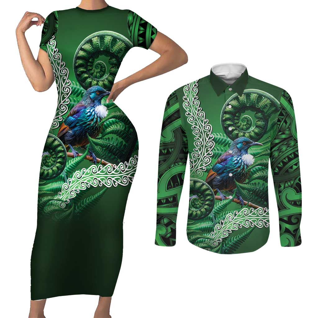 Tui Bird Koru Silver Fern Aotearoa Couples Matching Short Sleeve Bodycon Dress and Long Sleeve Button Shirt LT9 Green - Polynesian Pride