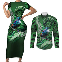 Tui Bird Koru Silver Fern Aotearoa Couples Matching Short Sleeve Bodycon Dress and Long Sleeve Button Shirt LT9 Green - Polynesian Pride