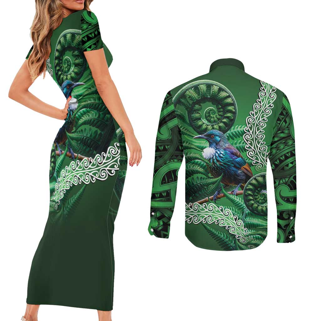 Tui Bird Koru Silver Fern Aotearoa Couples Matching Short Sleeve Bodycon Dress and Long Sleeve Button Shirt LT9 - Polynesian Pride