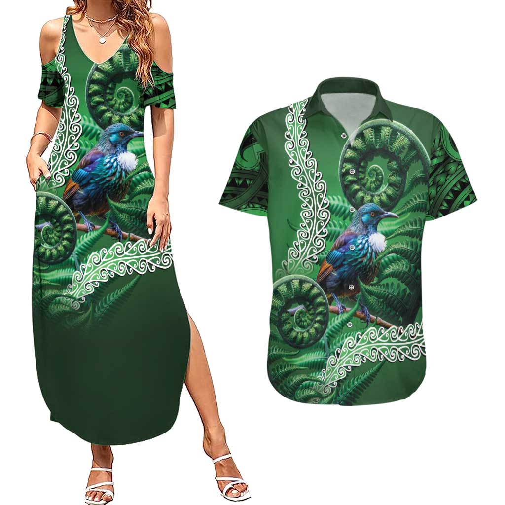 Tui Bird Koru Silver Fern Aotearoa Couples Matching Summer Maxi Dress and Hawaiian Shirt
