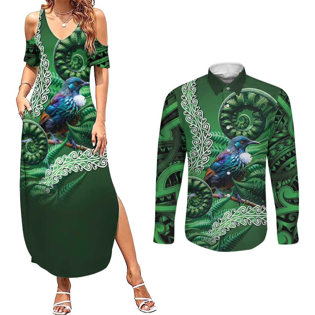 Tui Bird Koru Silver Fern Aotearoa Couples Matching Summer Maxi Dress and Long Sleeve Button Shirt