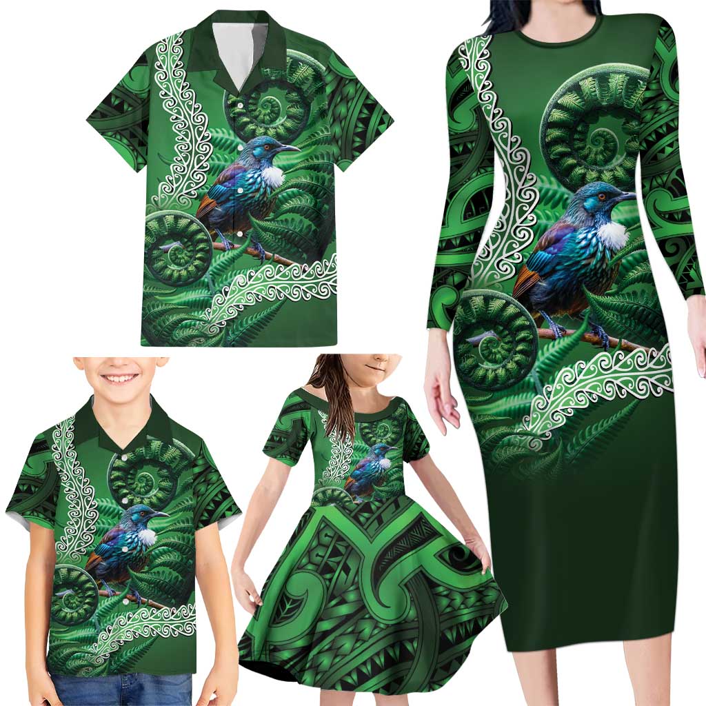 Tui Bird Koru Silver Fern Aotearoa Family Matching Long Sleeve Bodycon Dress and Hawaiian Shirt