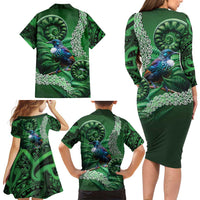 Tui Bird Koru Silver Fern Aotearoa Family Matching Long Sleeve Bodycon Dress and Hawaiian Shirt
