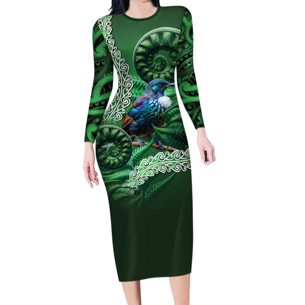 Tui Bird Koru Silver Fern Aotearoa Family Matching Long Sleeve Bodycon Dress and Hawaiian Shirt