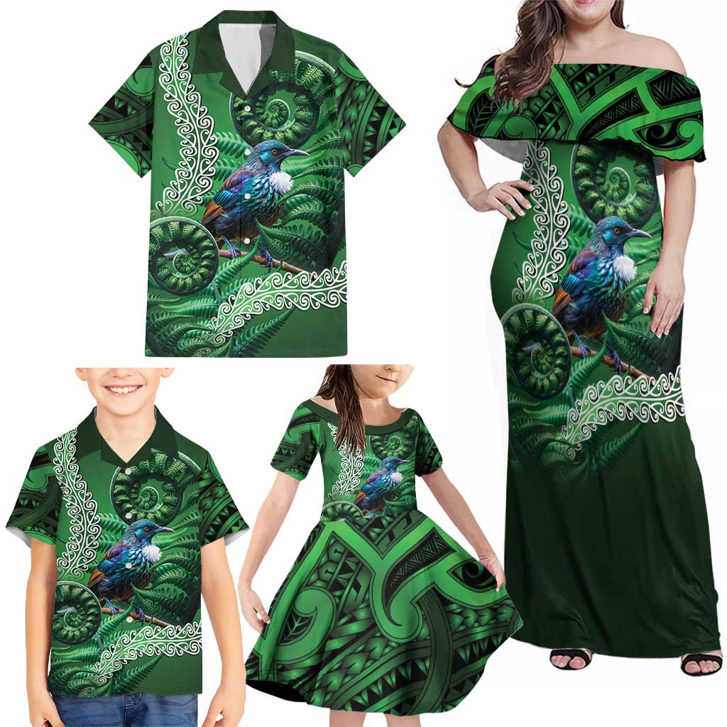 Tui Bird Koru Silver Fern Aotearoa Family Matching Off Shoulder Maxi Dress and Hawaiian Shirt