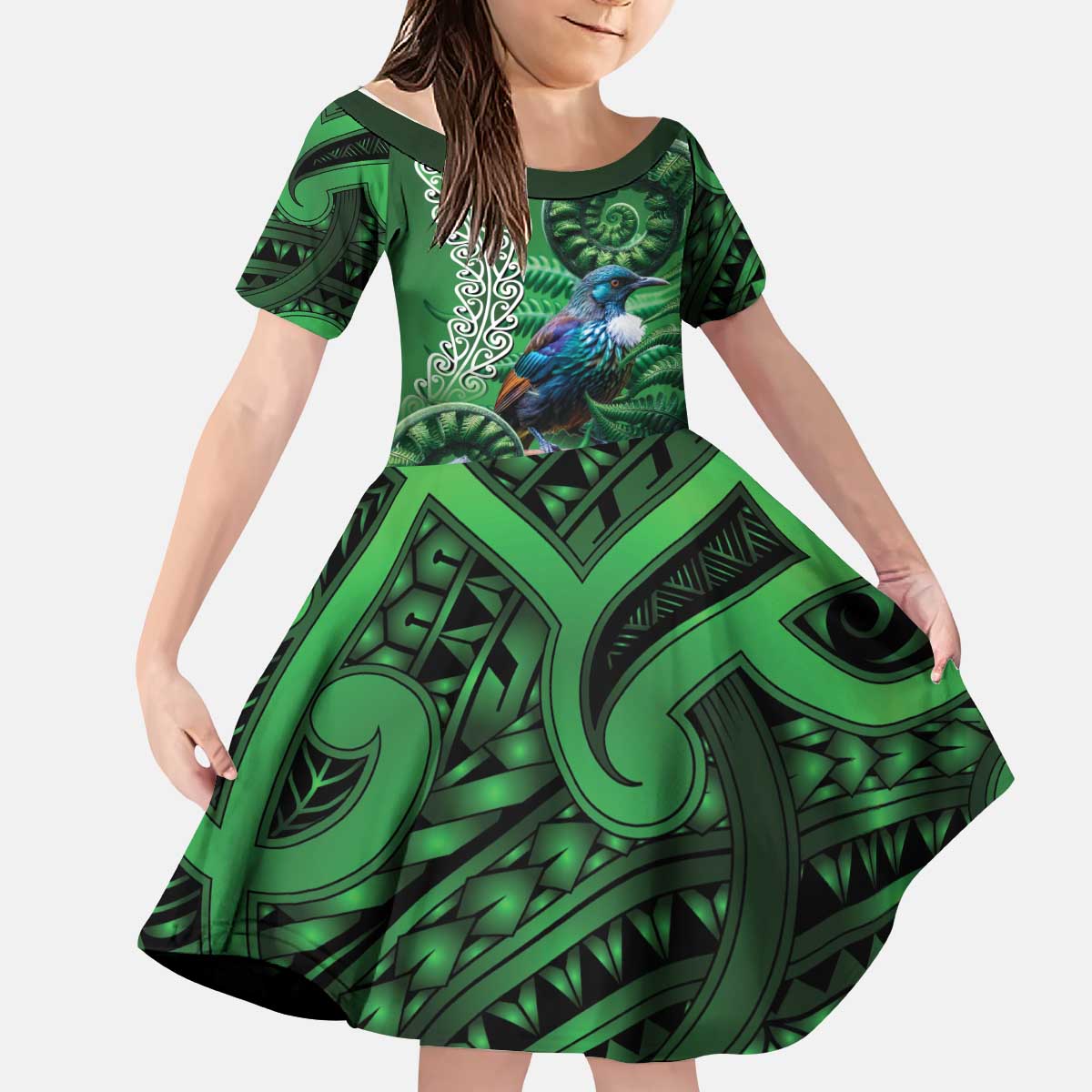 Tui Bird Koru Silver Fern Aotearoa Kid Short Sleeve Dress