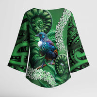 Tui Bird Koru Silver Fern Aotearoa Kimono Sleeve Blouse
