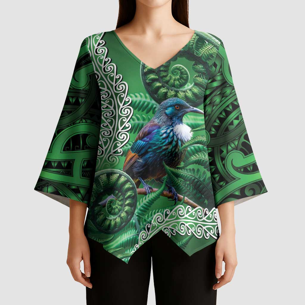 Tui Bird Koru Silver Fern Aotearoa Kimono Sleeve Blouse