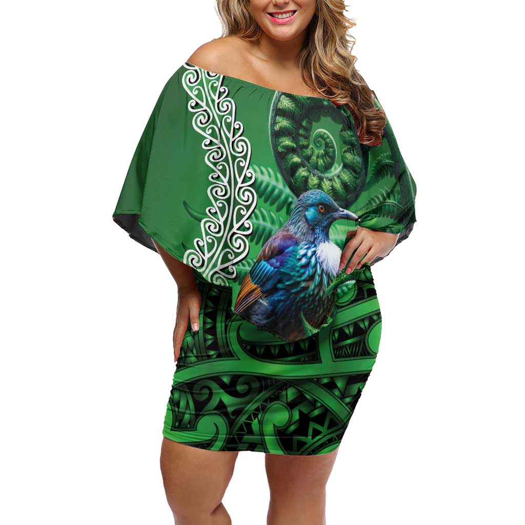 Tui Bird Koru Silver Fern Aotearoa Off Shoulder Short Dress LT9 Women Green - Polynesian Pride