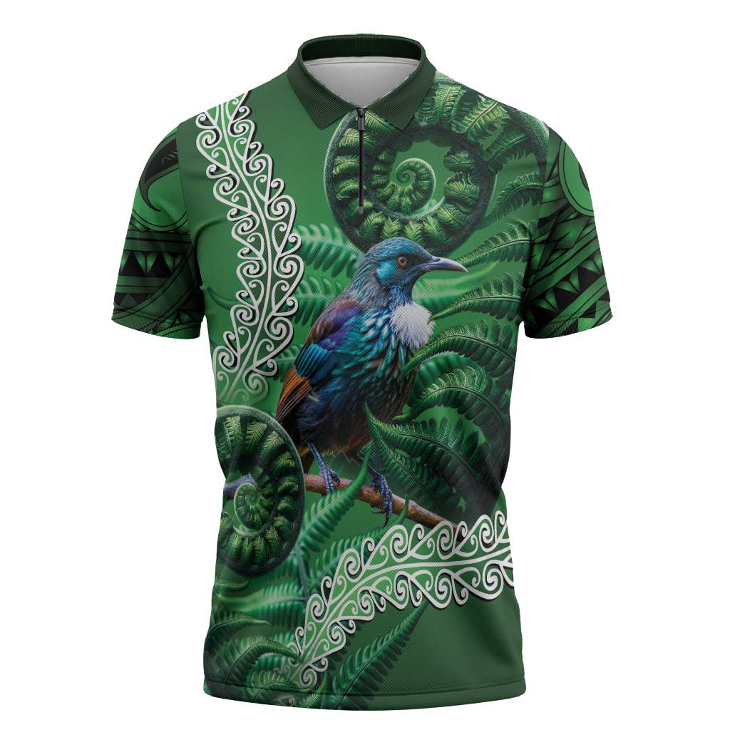 Tui Bird Koru Silver Fern Aotearoa Zipper Polo Shirt