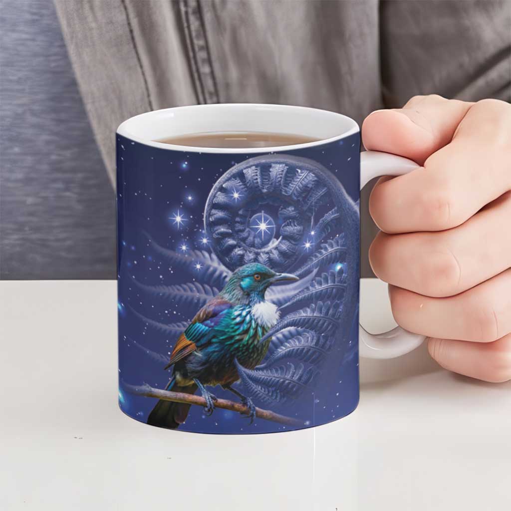 Tui Bird Matariki Galaxy Ceramic Mug Koru Silver Fern Aotearoa