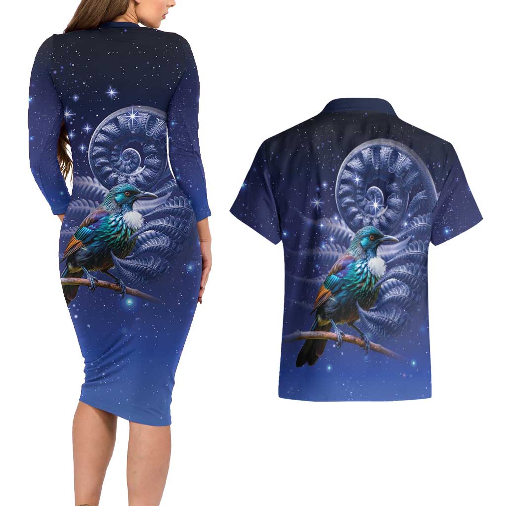 Tui Bird Matariki Galaxy Couples Matching Long Sleeve Bodycon Dress and Hawaiian Shirt Koru Silver Fern Aotearoa