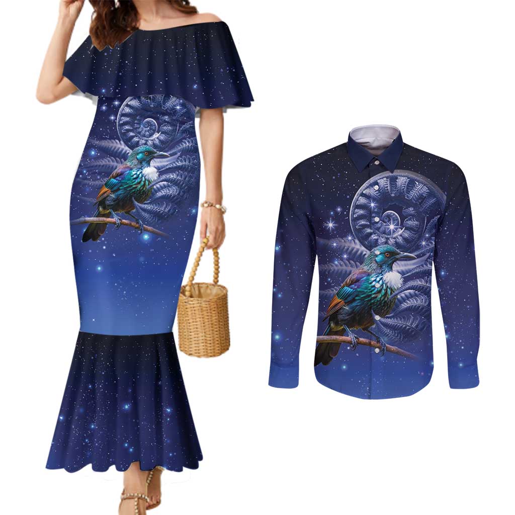 Tui Bird Matariki Galaxy Couples Matching Mermaid Dress and Long Sleeve Button Shirt Koru Silver Fern Aotearoa LT9 Galaxy - Polynesian Pride