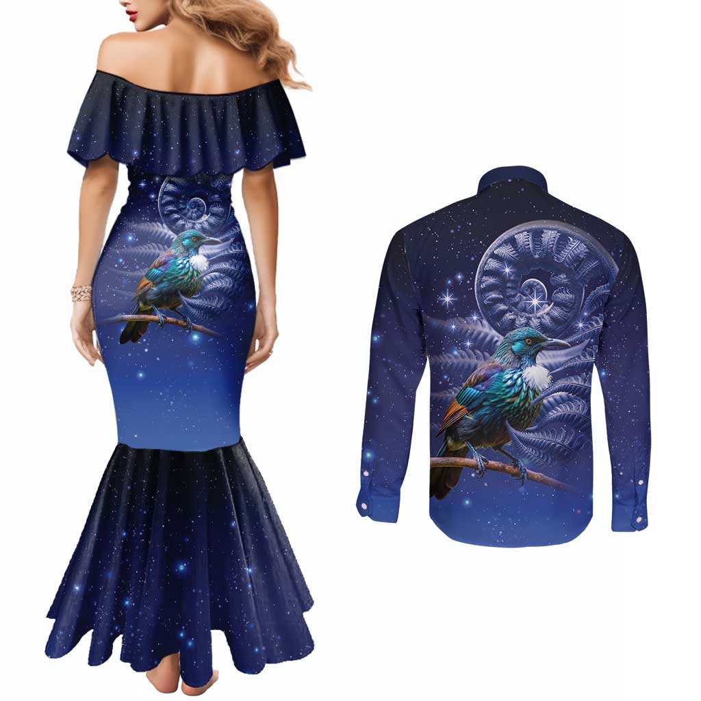 Tui Bird Matariki Galaxy Couples Matching Mermaid Dress and Long Sleeve Button Shirt Koru Silver Fern Aotearoa LT9 - Polynesian Pride