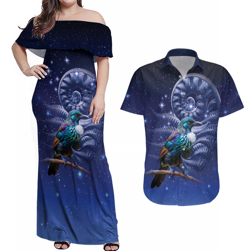 Tui Bird Matariki Galaxy Couples Matching Off Shoulder Maxi Dress and Hawaiian Shirt Koru Silver Fern Aotearoa LT9 Galaxy - Polynesian Pride