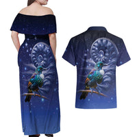 Tui Bird Matariki Galaxy Couples Matching Off Shoulder Maxi Dress and Hawaiian Shirt Koru Silver Fern Aotearoa LT9 - Polynesian Pride