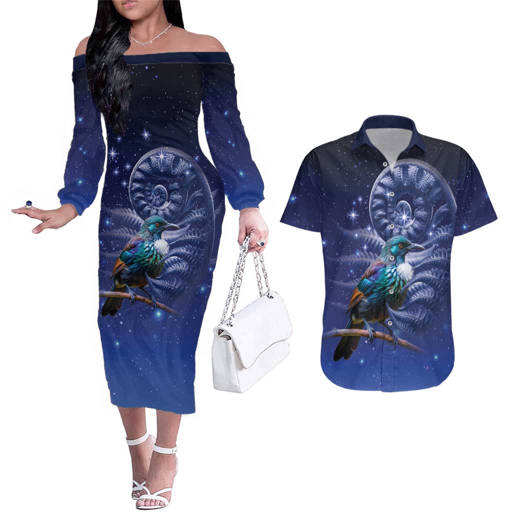 Tui Bird Matariki Galaxy Couples Matching Off The Shoulder Long Sleeve Dress and Hawaiian Shirt Koru Silver Fern Aotearoa