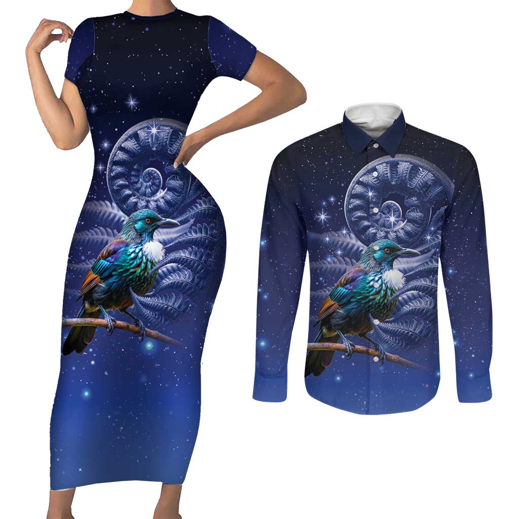 Tui Bird Matariki Galaxy Couples Matching Short Sleeve Bodycon Dress and Long Sleeve Button Shirt Koru Silver Fern Aotearoa