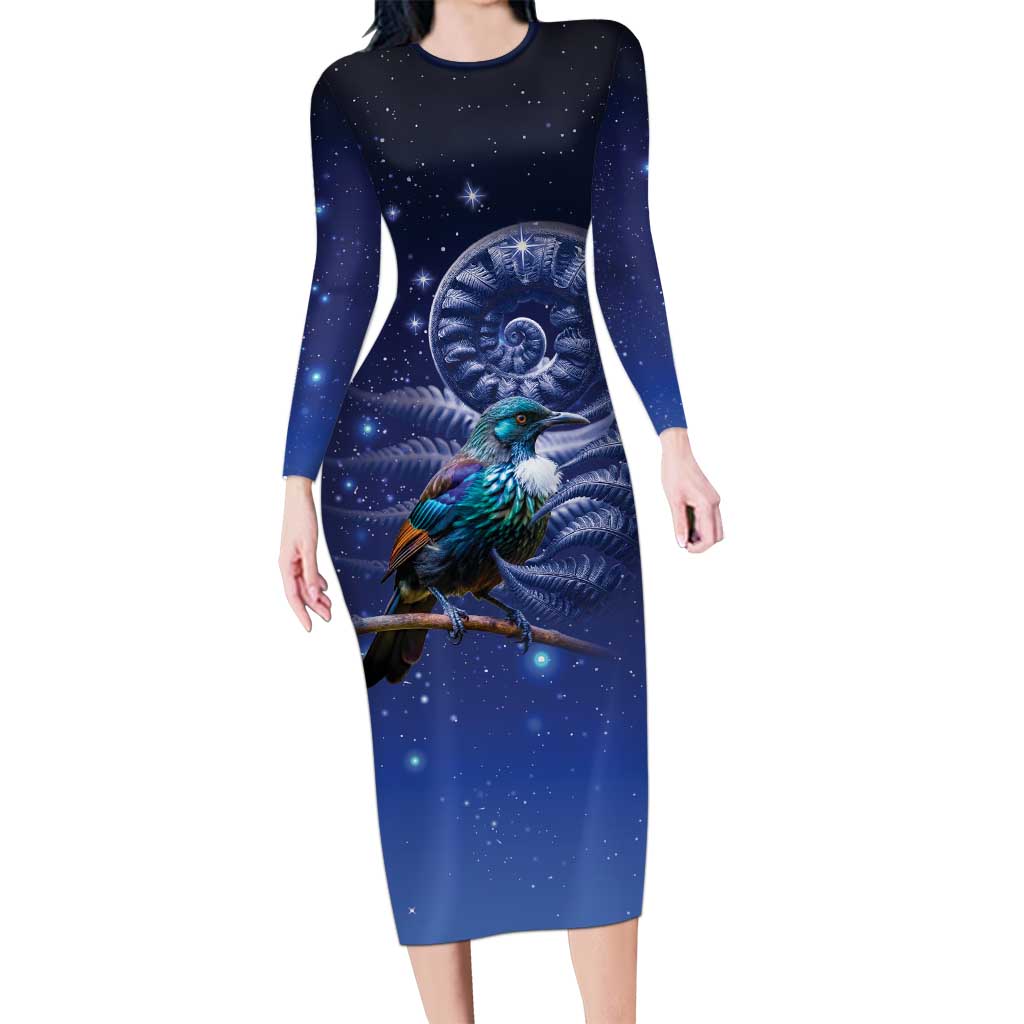 Tui Bird Matariki Galaxy Family Matching Long Sleeve Bodycon Dress and Hawaiian Shirt Koru Silver Fern Aotearoa