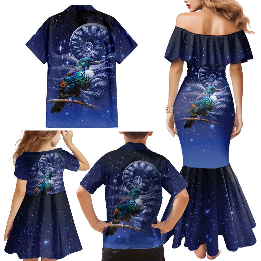 Tui Bird Matariki Galaxy Family Matching Mermaid Dress and Hawaiian Shirt Koru Silver Fern Aotearoa