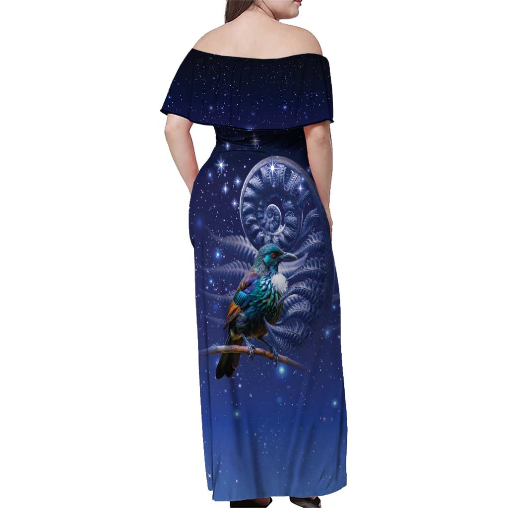 Tui Bird Matariki Galaxy Family Matching Off Shoulder Maxi Dress and Hawaiian Shirt Koru Silver Fern Aotearoa