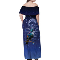 Tui Bird Matariki Galaxy Family Matching Off Shoulder Maxi Dress and Hawaiian Shirt Koru Silver Fern Aotearoa