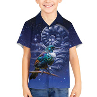 Tui Bird Matariki Galaxy Family Matching Off Shoulder Maxi Dress and Hawaiian Shirt Koru Silver Fern Aotearoa