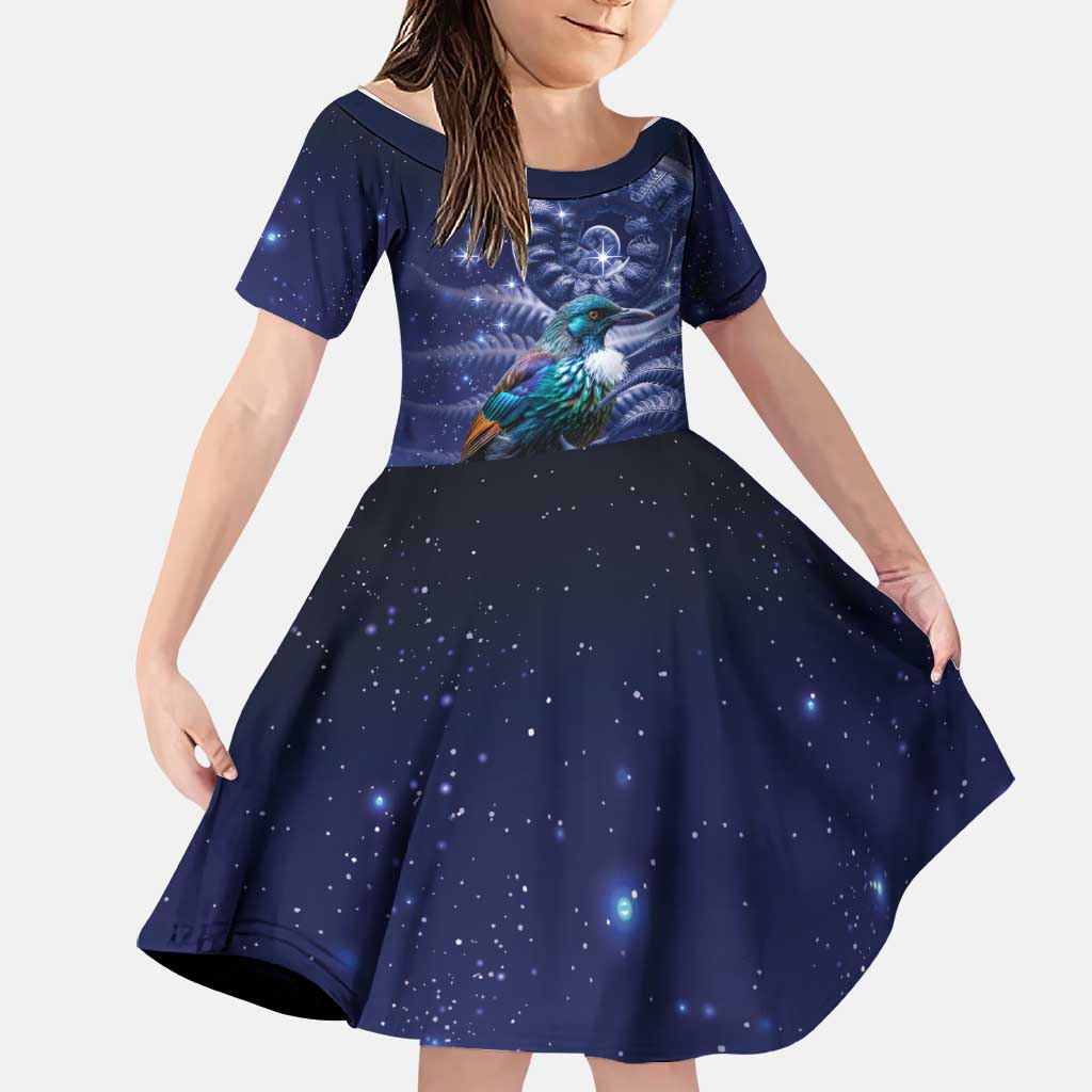 Tui Bird Matariki Galaxy Family Matching Off Shoulder Short Dress and Hawaiian Shirt Koru Silver Fern Aotearoa