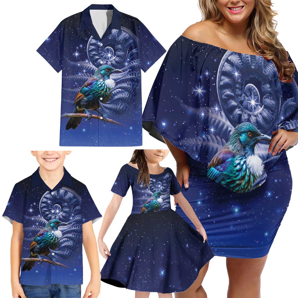 Tui Bird Matariki Galaxy Family Matching Off Shoulder Short Dress and Hawaiian Shirt Koru Silver Fern Aotearoa