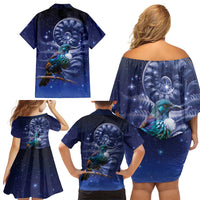 Tui Bird Matariki Galaxy Family Matching Off Shoulder Short Dress and Hawaiian Shirt Koru Silver Fern Aotearoa
