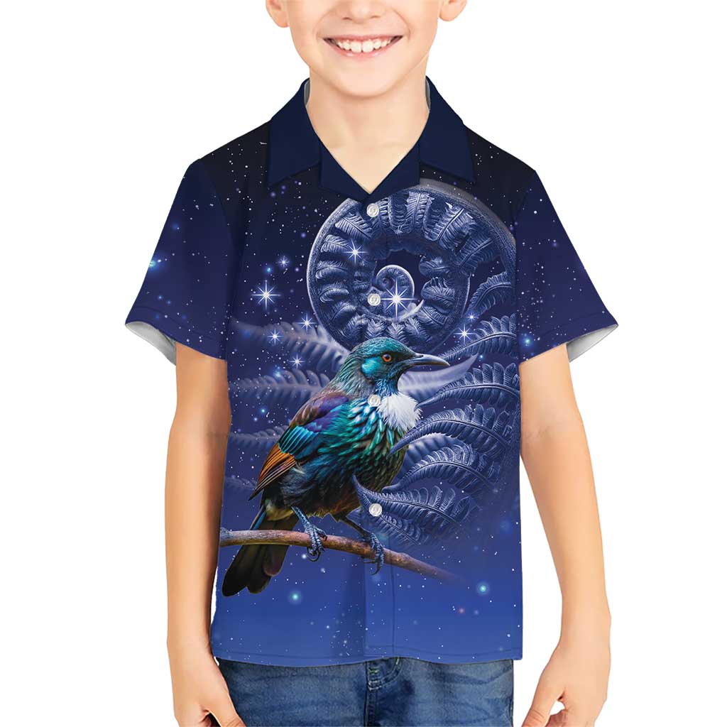 Tui Bird Matariki Galaxy Family Matching Off Shoulder Short Dress and Hawaiian Shirt Koru Silver Fern Aotearoa