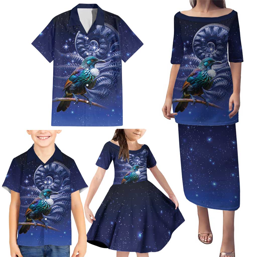 Tui Bird Matariki Galaxy Family Matching Puletasi and Hawaiian Shirt Koru Silver Fern Aotearoa