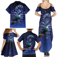 Tui Bird Matariki Galaxy Family Matching Summer Maxi Dress and Hawaiian Shirt Koru Silver Fern Aotearoa