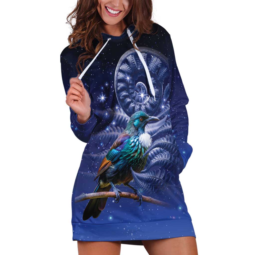 Tui Bird Matariki Galaxy Hoodie Dress Koru Silver Fern Aotearoa