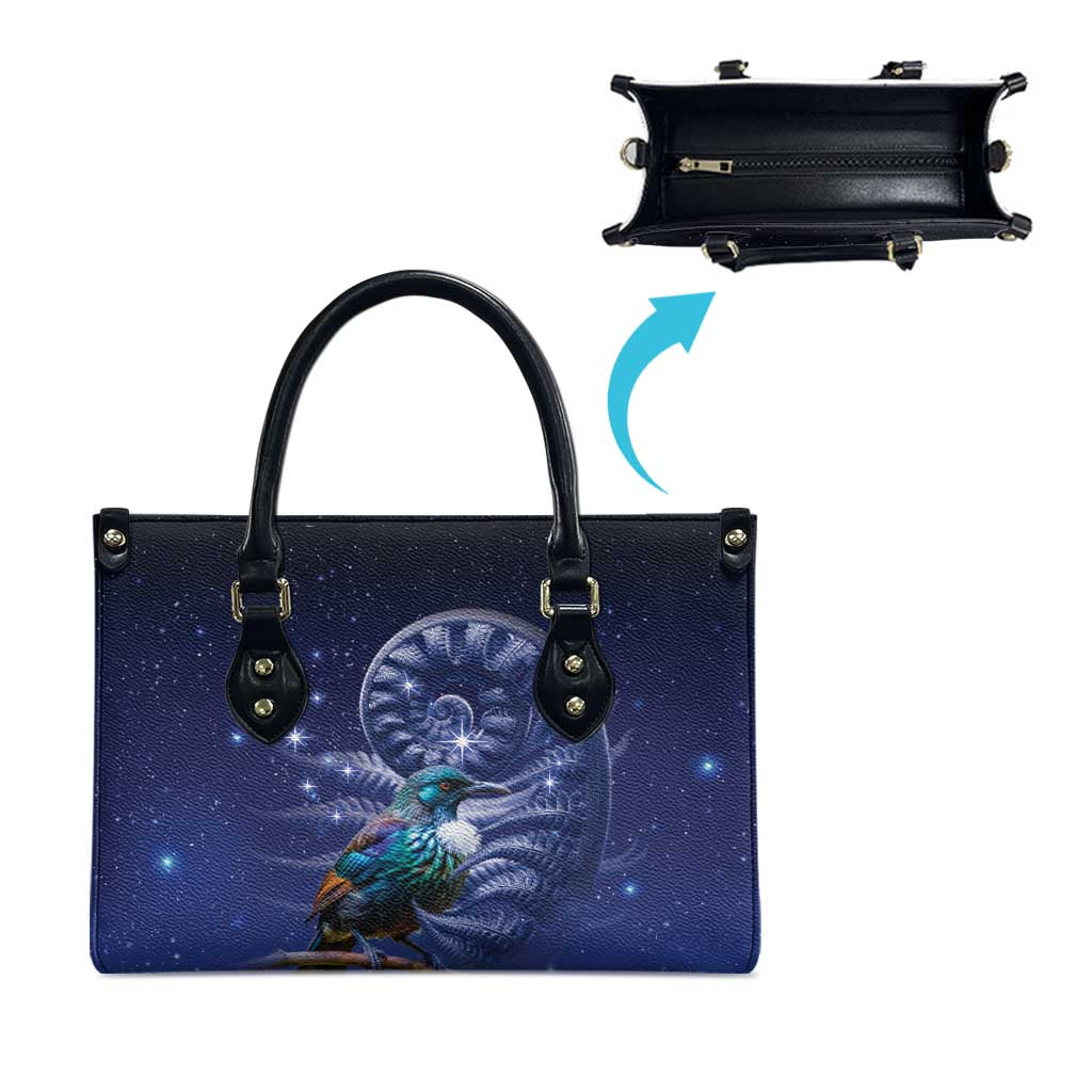 Tui Bird Matariki Galaxy Leather Bag Koru Silver Fern Aotearoa