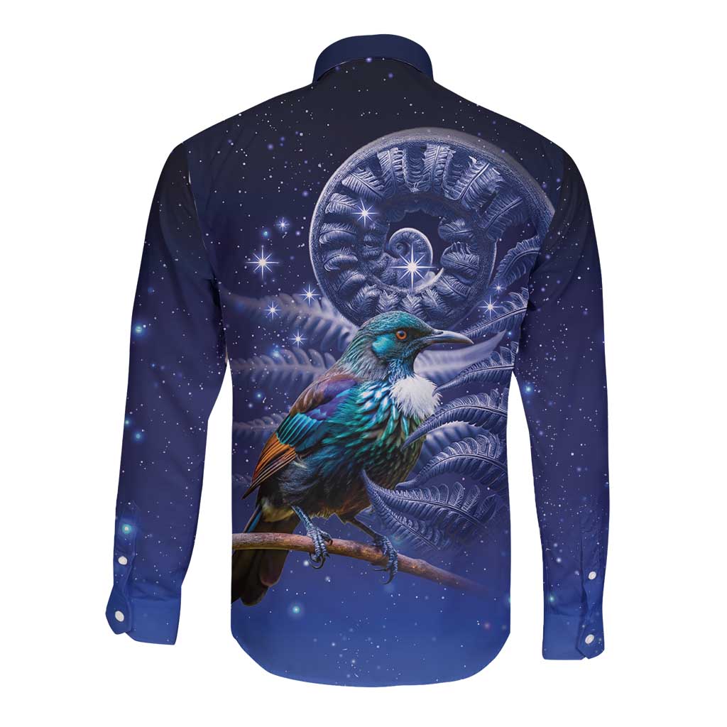 Tui Bird Matariki Galaxy Long Sleeve Button Shirt Koru Silver Fern Aotearoa