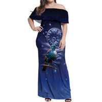 Tui Bird Matariki Galaxy Off Shoulder Maxi Dress Koru Silver Fern Aotearoa