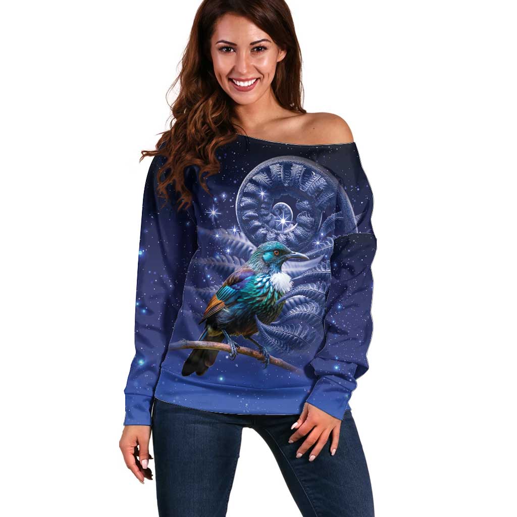 Tui Bird Matariki Galaxy Off Shoulder Sweater Koru Silver Fern Aotearoa